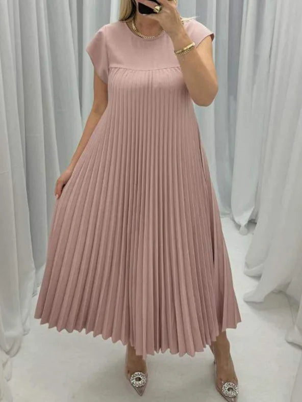 Loose Solid Color Loose Waist Large Hem Long Dress Summer New Fashion O-Neck Sleeveless Pleated Maxi Women's Dress Femme Robe