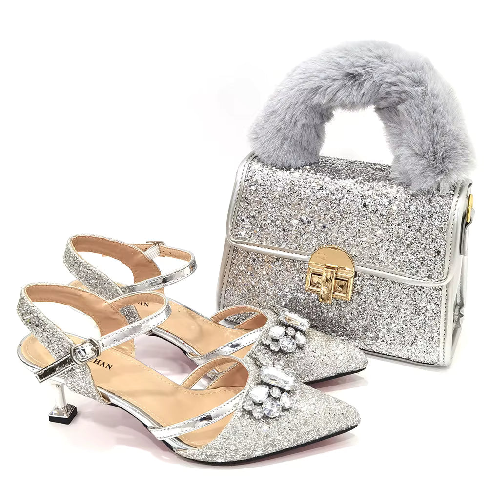 Women's Italian Fashion Peep Toe Pump Shoes with Matching Bag Set for Wedding And Party Med Heel Bling Embellished Mary Janes