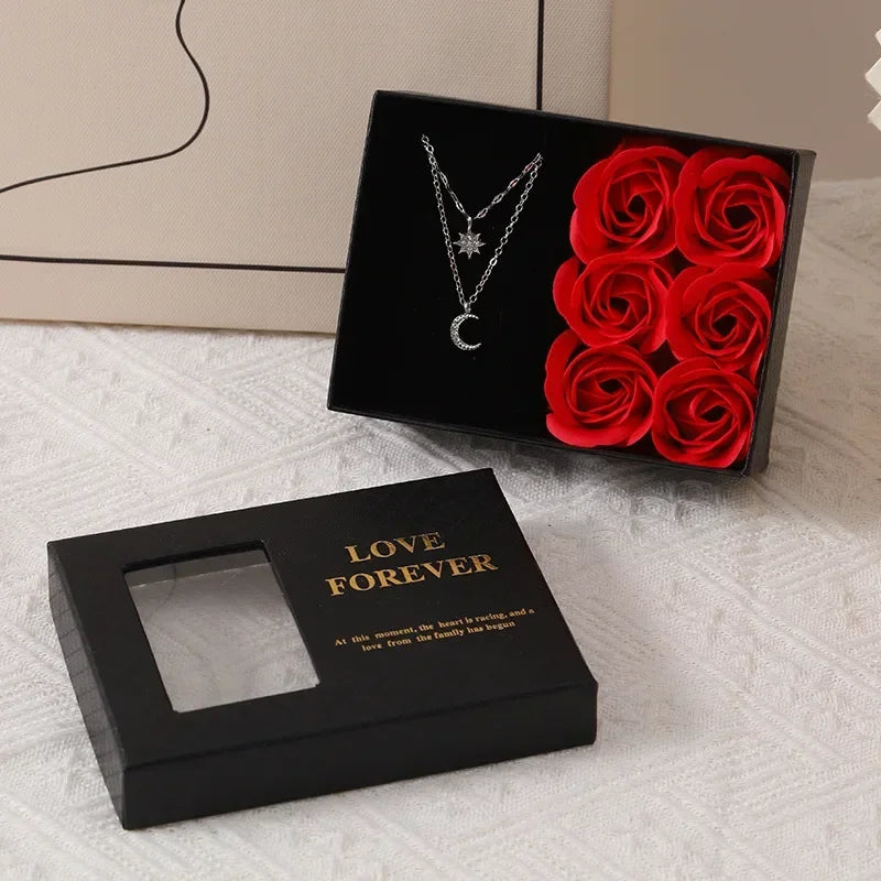Valentine's Day Jewelry Gift Packaging Box  6 Rose Pendants Ring Bracelet Eternal Flower Window Opening Jewelry Box Romantic Bag