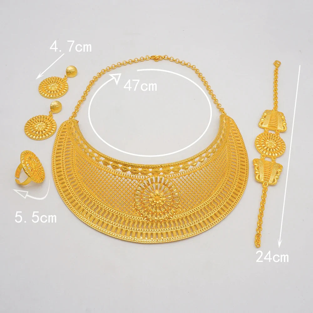 Indian Dubai Gold Color Jewelry Sets For Women Earring & Necklace Nigeria Moroccan Bridal Wedding Party Gifts
