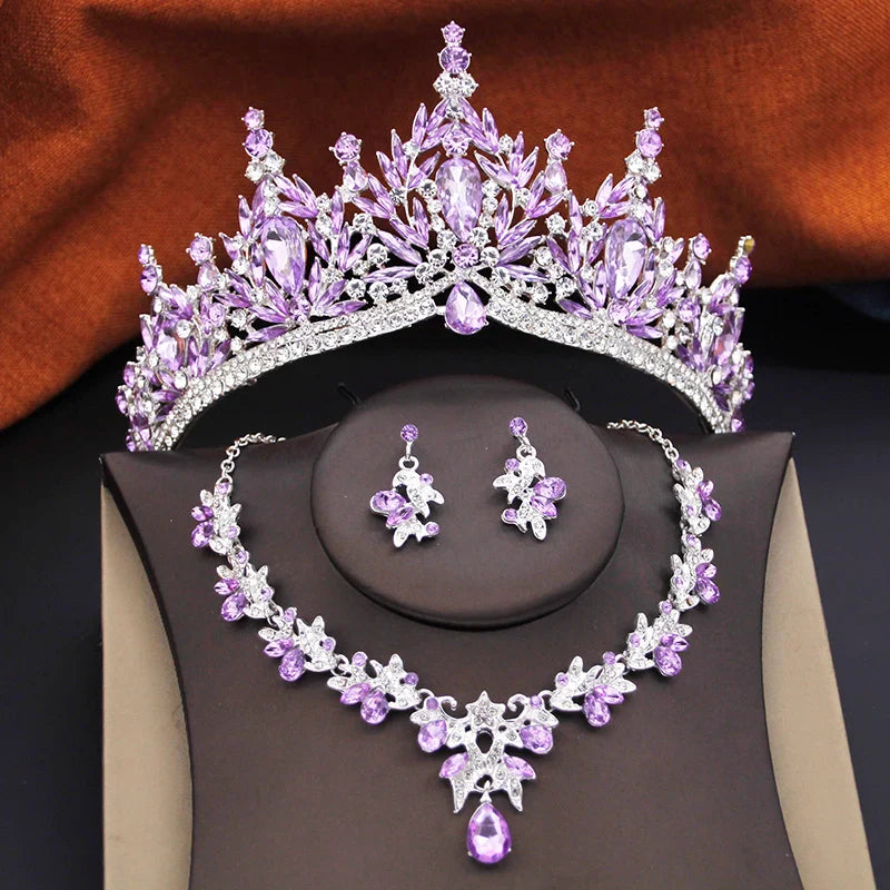 3 Pcs Princess Wedding Crown Jewelry Sets and Tiaras Green Pink Bride Necklace Earrings Set Girls Prom Birthday Accessory