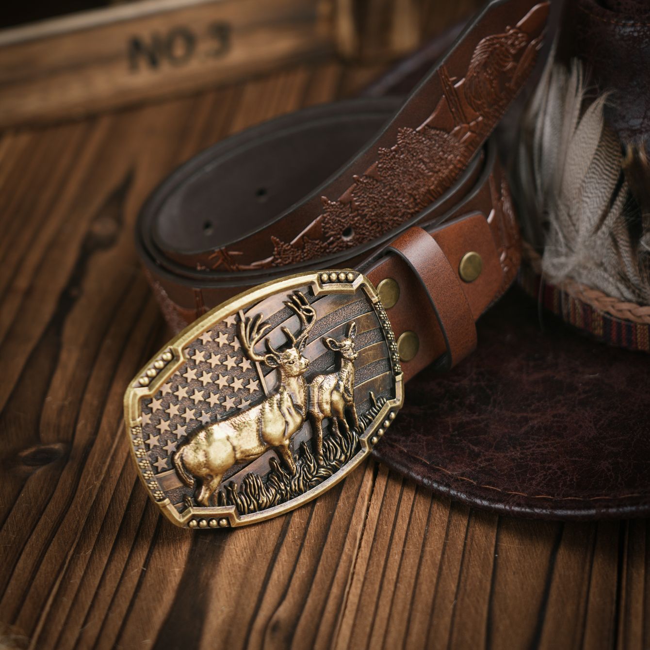 Wild Stag Belt Buckle Bronze Deer Western Cowboy PU Leather Belt