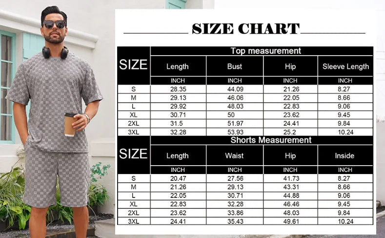 Men White Jacquard Checkered Short Sleeve Shorts Set Men's High-End Two-Piece Summer Trendy Clothing One Set Match Male Fashion