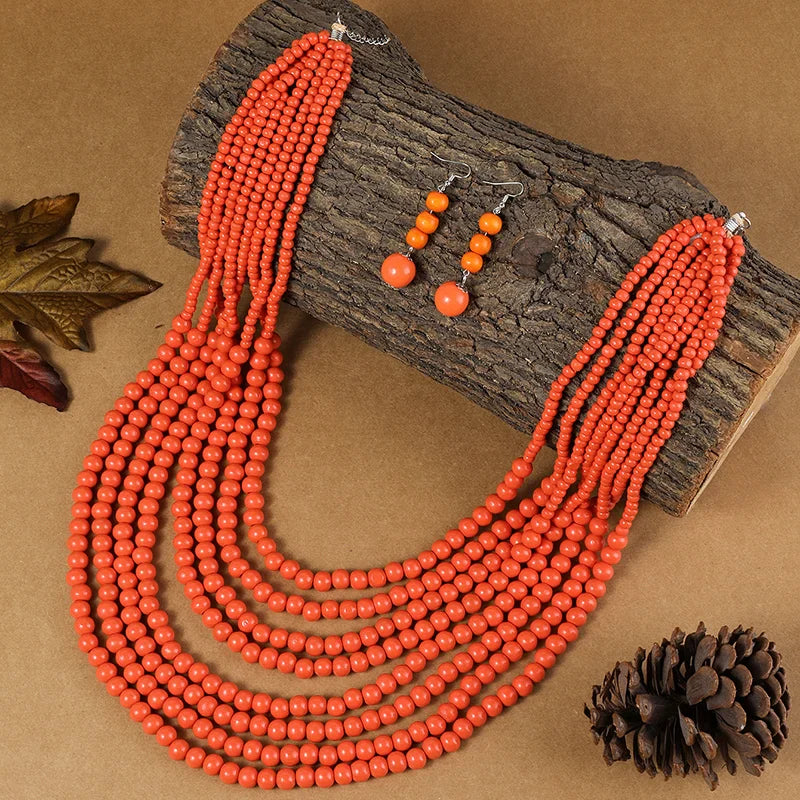 1SET African Style Multi-Layer Wooden Bead Jewelry Set Chokers Necklace Colorful Bohemian Necklace Earrings Set Party Jewelry
