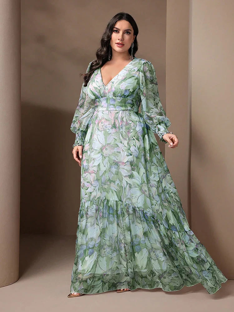 TOLEEN Plus Size Women V-Neck Lantern Sleeve Ruffle 2024 Spring Summer Casual Elegant Floral Print Vacation Party Long Dresses