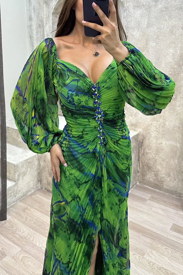 Women Floral Lantern Long Sleeve Dress Elegant Rhinestone Off Shoulder Maxi Dresses Sexy Deep V-neck  Waist Split Parties Dress
