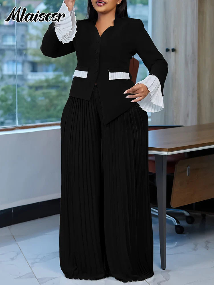 Mlaiscsr Elegant 2 Piece African Women Long Sleeve V-neck Top and Long Wide Legs Pant Matching Sets 2025 Spring OL Outfits