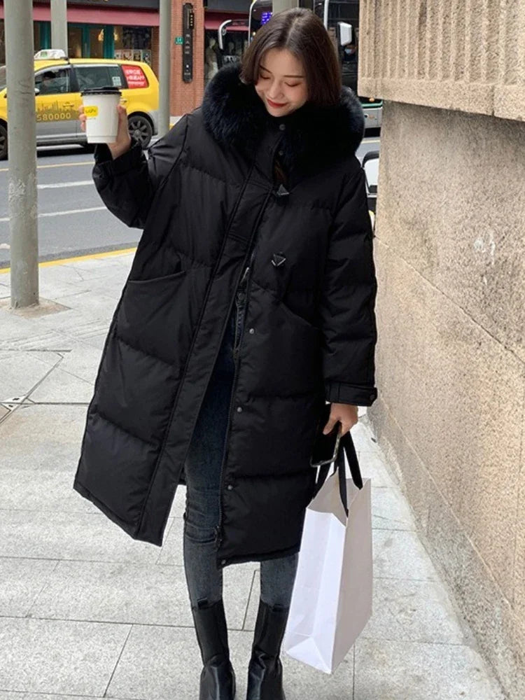 Women's Large Fur Collar Hooded Warm Thick Padded Parka Jacket