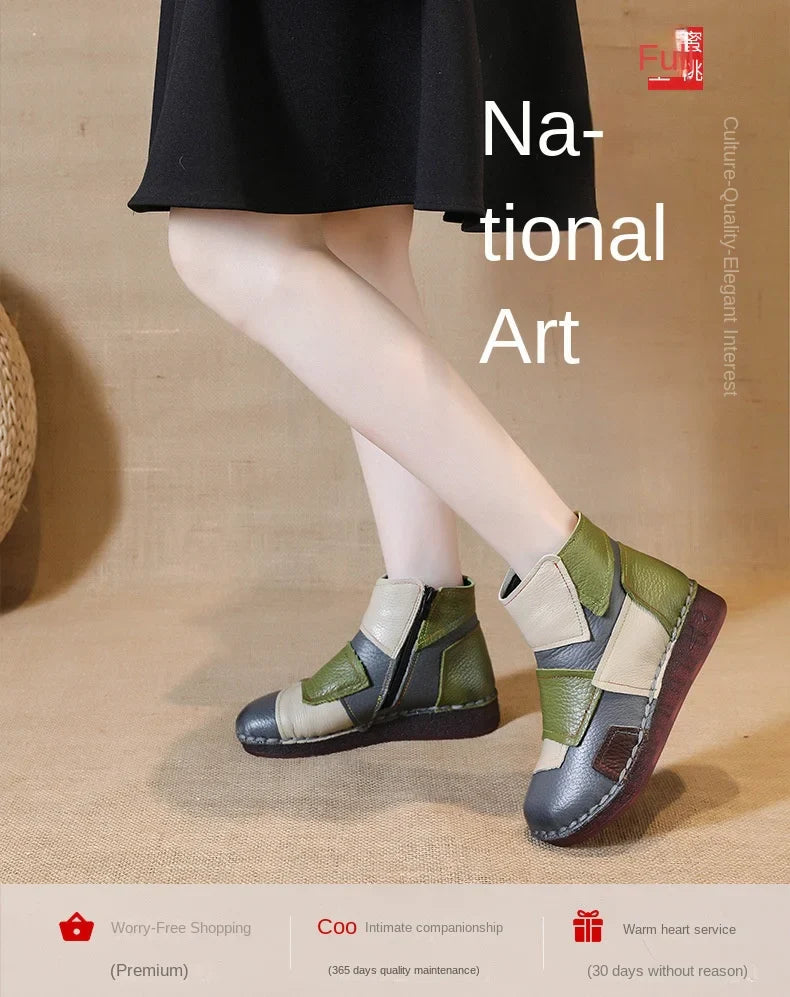 Winter Genuine Leather Flat-soled women shoes Casual shoes women Boots Color Matching Short Boots Warm Comfortable Cotton Shoes