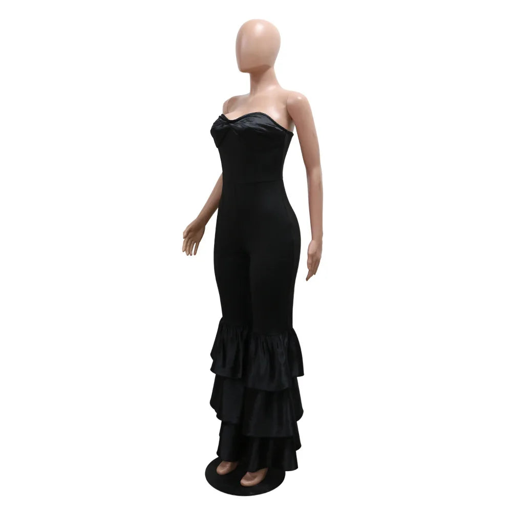 Jumpsuits Strapless Women Sleeveless Sexy Rompers One Piece Overalls Slim Fit Long Pant Ruffles Patchwork Elegant Lady