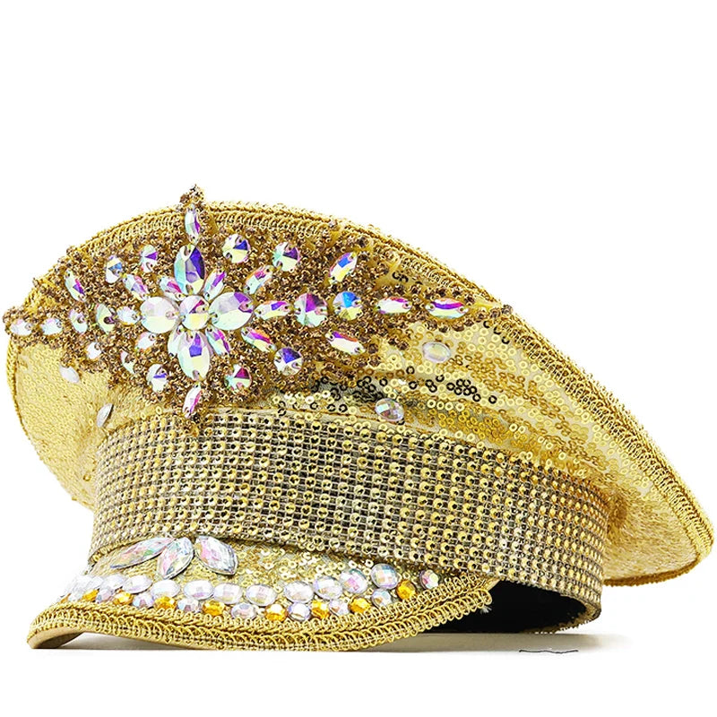 Sequin Burning gold Bride Military Hat Handmade Sailor Captain Sergeant Hat Birthday Festival Part Hat