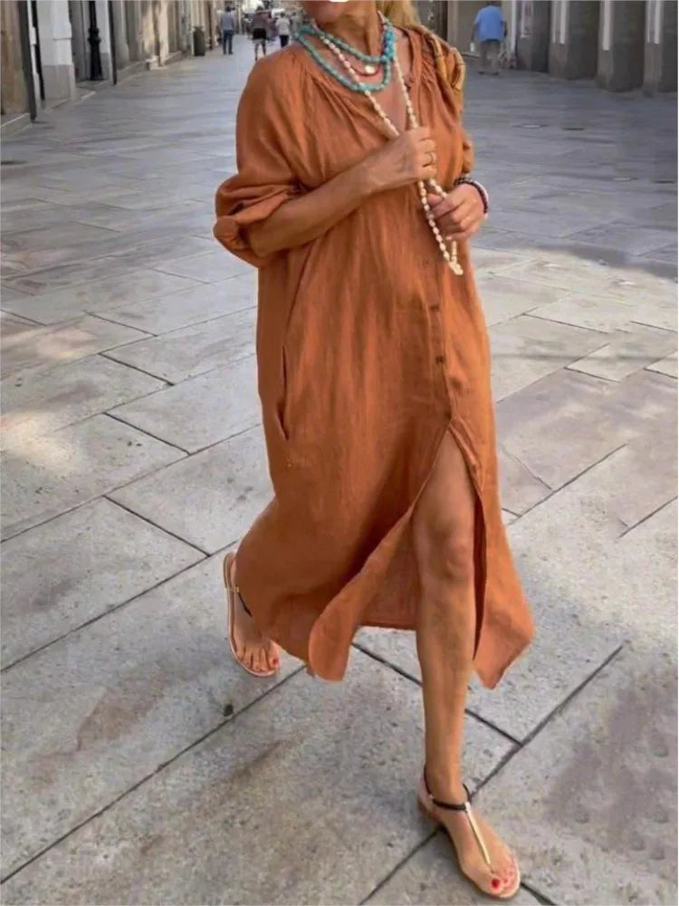 2024 Spring Cotton Linen Women's Long Buttons Shirt Dress V-neck White Dresses Female New Fashion Elegant Loose Ladies Clothes