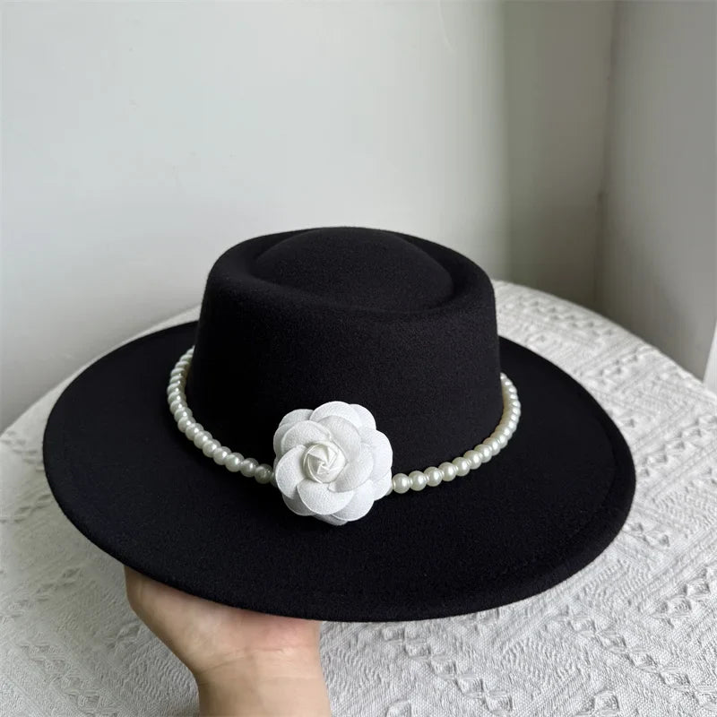 Women's Fashionable Fedora Hat 10CM Wide Brim Flat Top Felt Hats For Wedding And Jazz
