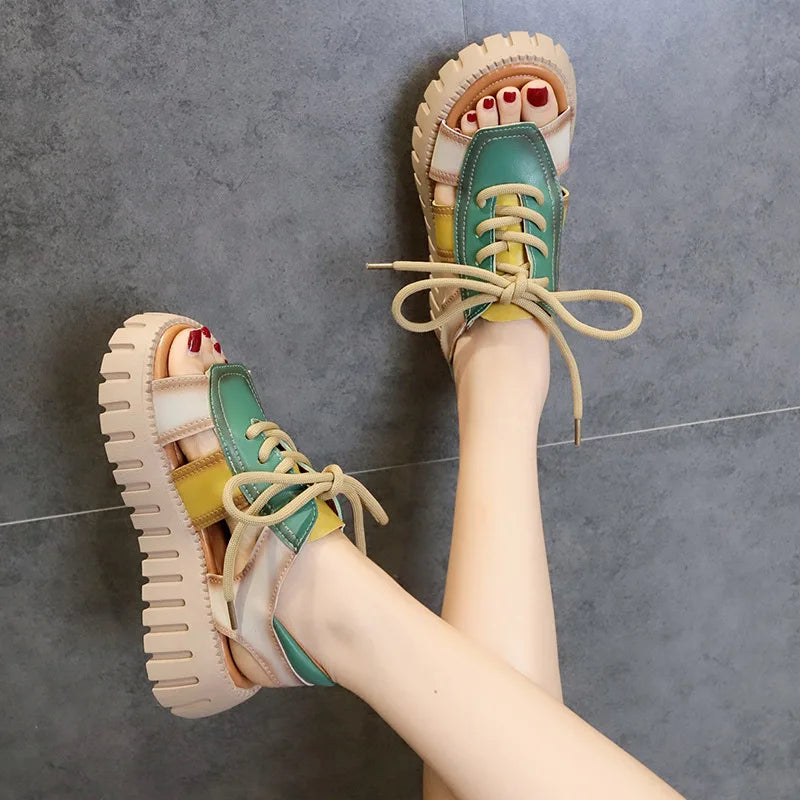 2024 New Lace-up Summer Fish Mouth Sandals Premium PU Spell Color Roman Shoes Woman Sandals Platform Wedges Increase Sandals