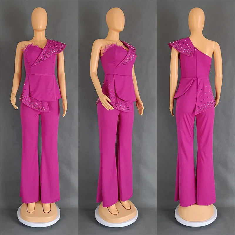 CM.YAYA Vintage Pearl Feather Sleeveless Patchwork Women Party Evening Prom Straight Jumpsuits 2024 Summer Sexy Playsuit Outfit