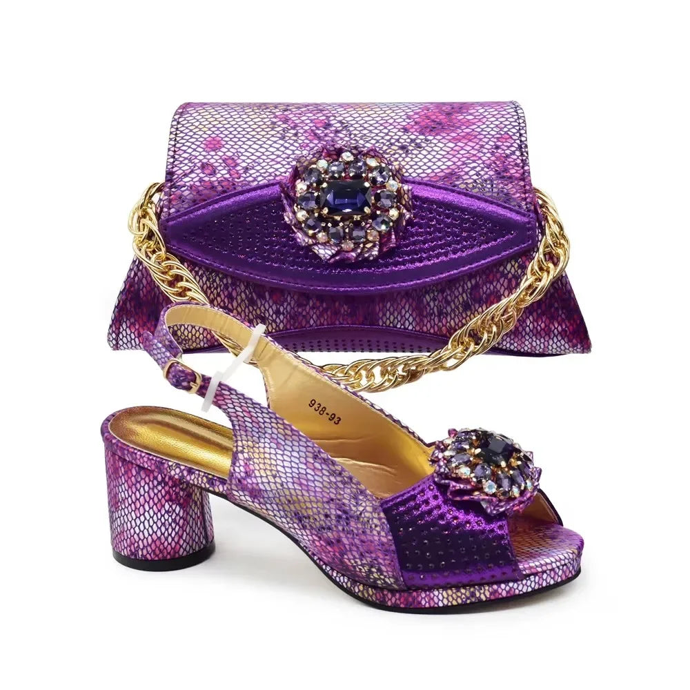 Italian Shoes and Bags Matching Set Decorated with Rhinestone
