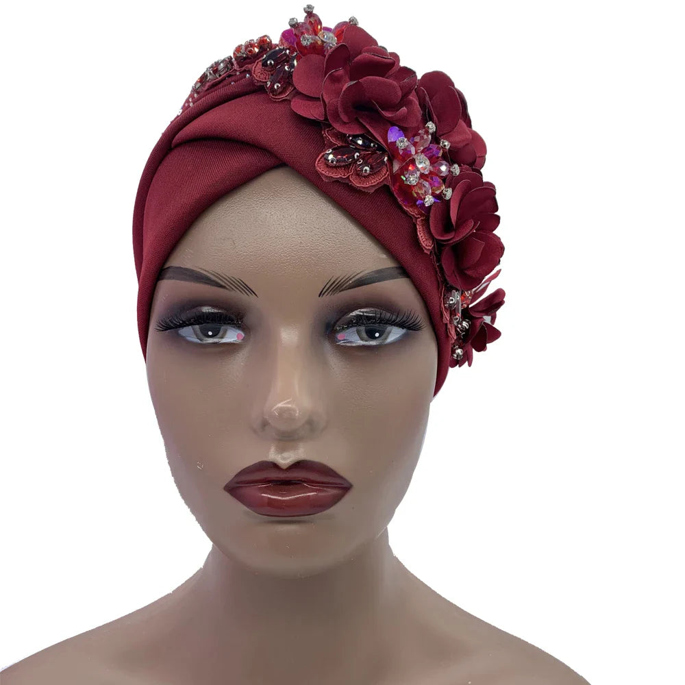Elegant African Turban Cap with Shiny Rhinestone Ready to Wear Nigeria Auto Gele Headtie Party Women's Head Wrap Bonnet Turbante