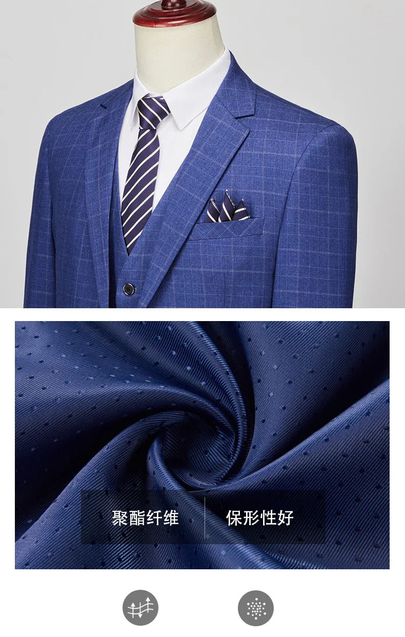 High-end Brand Classic Blue or Gray Plaid Men's Casual Business Suit Retro Official Suit Groom Wedding Dress Jacket Vest Pants