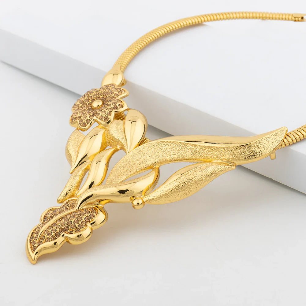Luxury Flower Design Jewelry Set for Women, Gold Color Big Pendant Necklace and Earrings Bridal Weddings Nigerian Accessories