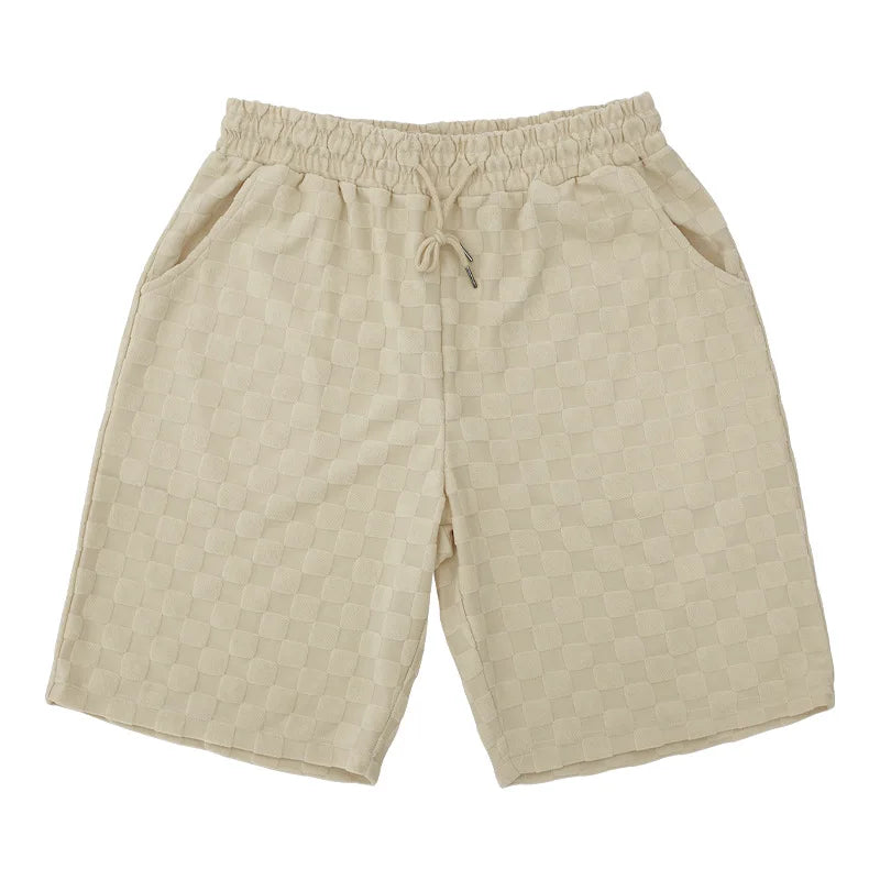 Men White Jacquard Checkered Short Sleeve Shorts Set Men's High-End Two-Piece Summer Trendy Clothing One Set Match Male Fashion