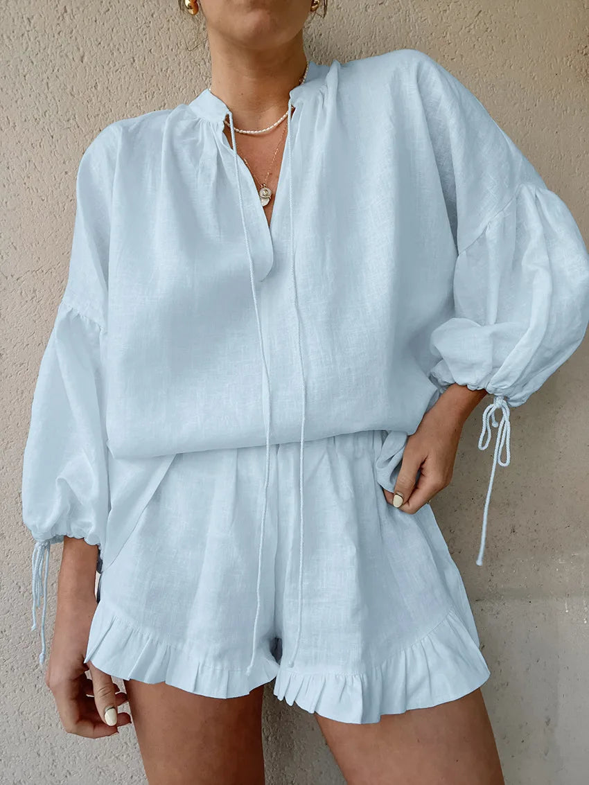 Fashion White Long Sleeve Shirts And Shorts Two Piece Sets Women 2025 Summer Cotton Casual Home 2 Piece Sets Women Outfit