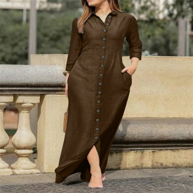 Elegant and Fashionable Neutral Style Long Sleeved Cardigan Solid Color Long Cotton and Linen Dress New Temperament Party Dress