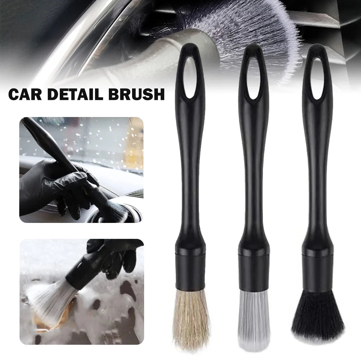 3pcs Car Detailing Brushes Set Soft Auto Detailing Brush Kit Interchangeable Different Sized Car Detail Cleaning Tool Reusable C