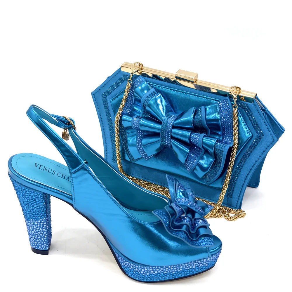 Venus Chan Open Toe Women Heels for 2024 Elegant Party Green Color Diamond Pumps Italian Shoes and Bags Matching Set