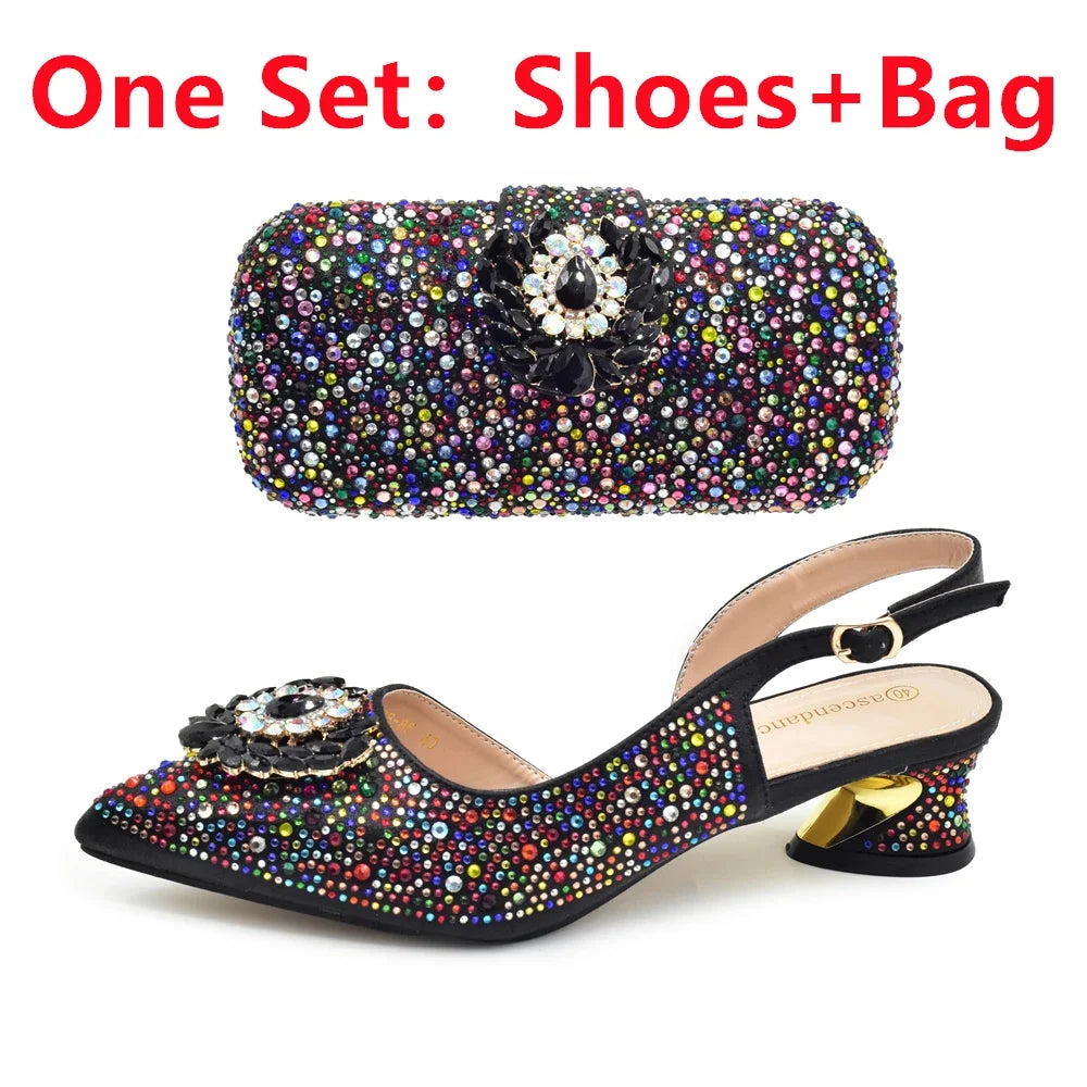 Elegant Italian Women's Rhinstone Pumps Heels Shoes and Bag Set To Match for Weddings and Party