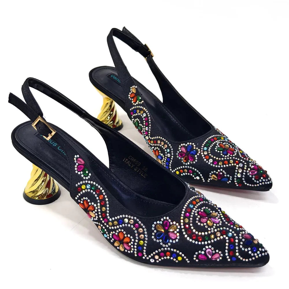 Elegant And Sexy Fuchsia Color High Heels Shoes And Bag With Rhinestone Embellished Toe Is Comfortable Women's Shoes For Party