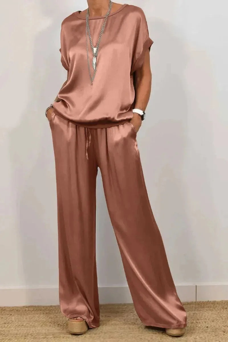 Casual Loose Satin T Shirt Pants Two Piece Sets Women Fashion O-neck Short Sleeve T Shirts Suit Spring Summer Wide Leg Pant Sets