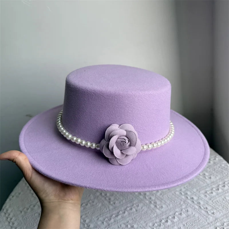 Women's Fashionable Fedora Hat 10CM Wide Brim Flat Top Felt Hats For Wedding And Jazz