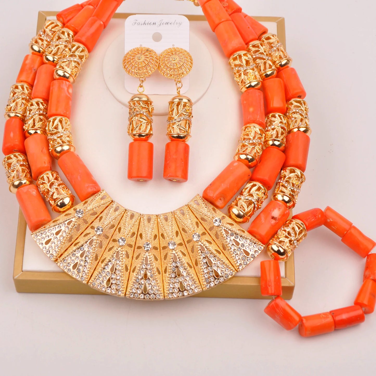 Natural coral beads orange necklace set for stylish Nigerian wedding couple African jewelry