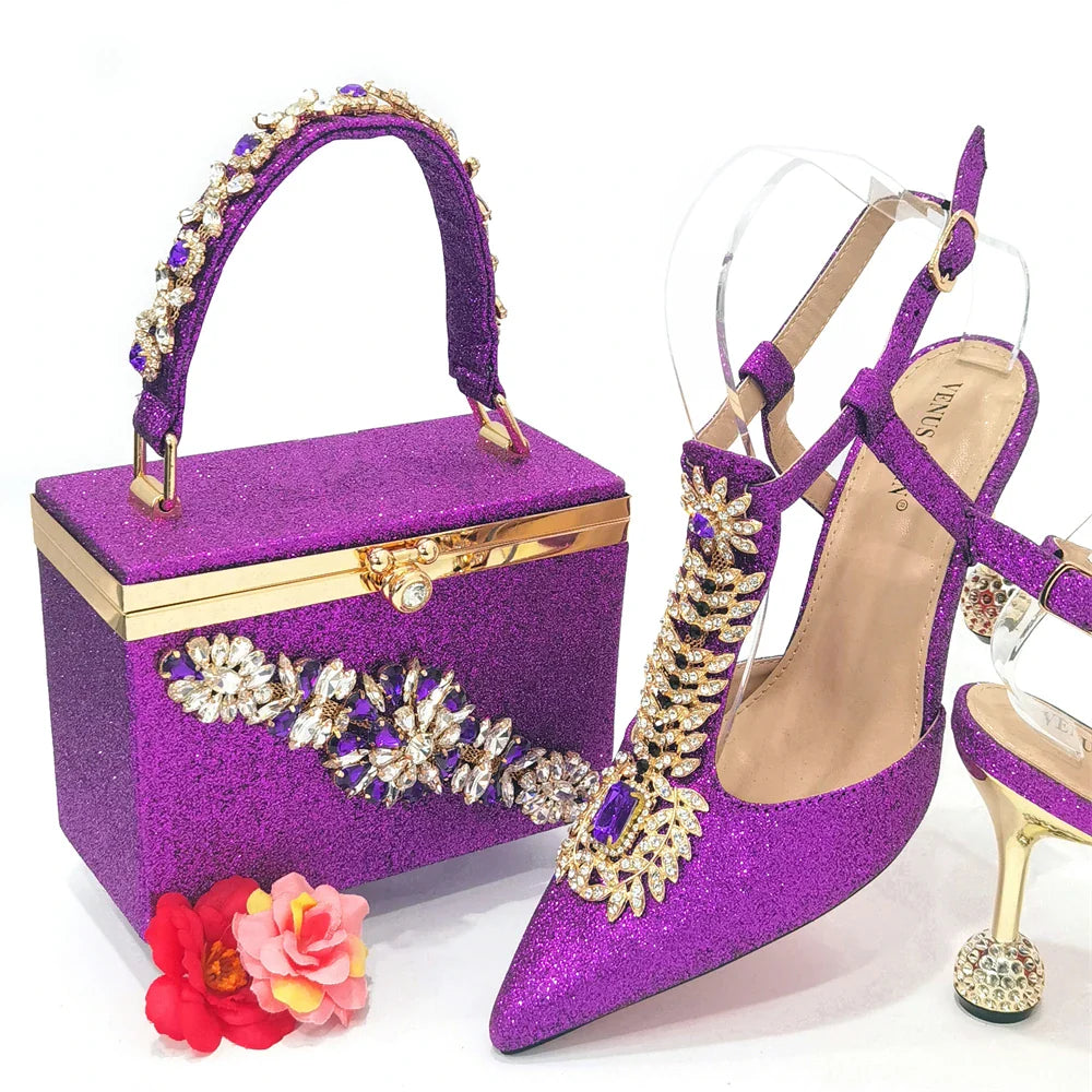 Women's Diamond Decorated Pointed Toe Italian Shoes And Bag Set