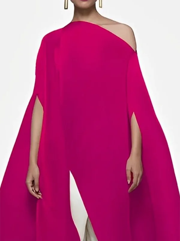 Diagonal Collar One-shoulder X-long T-shirt for Women Solid Color Short Sleeve Splited Loose Shirt Top Elegant Blouse