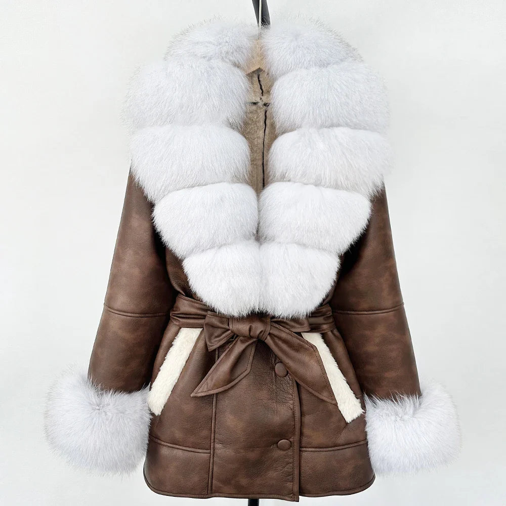 Women's Large Faux Fur Leather Jacket Warm Autumn Winter Outwear High Street Style Thick Warm Fur Turn-Down Collar Single Breasted