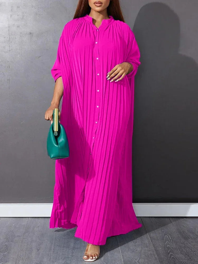 Autumn and Winter Fashion New Women's Loose Round Neck Single Breasted Pleated Temperament Obese Women's Long Sleeved Dress