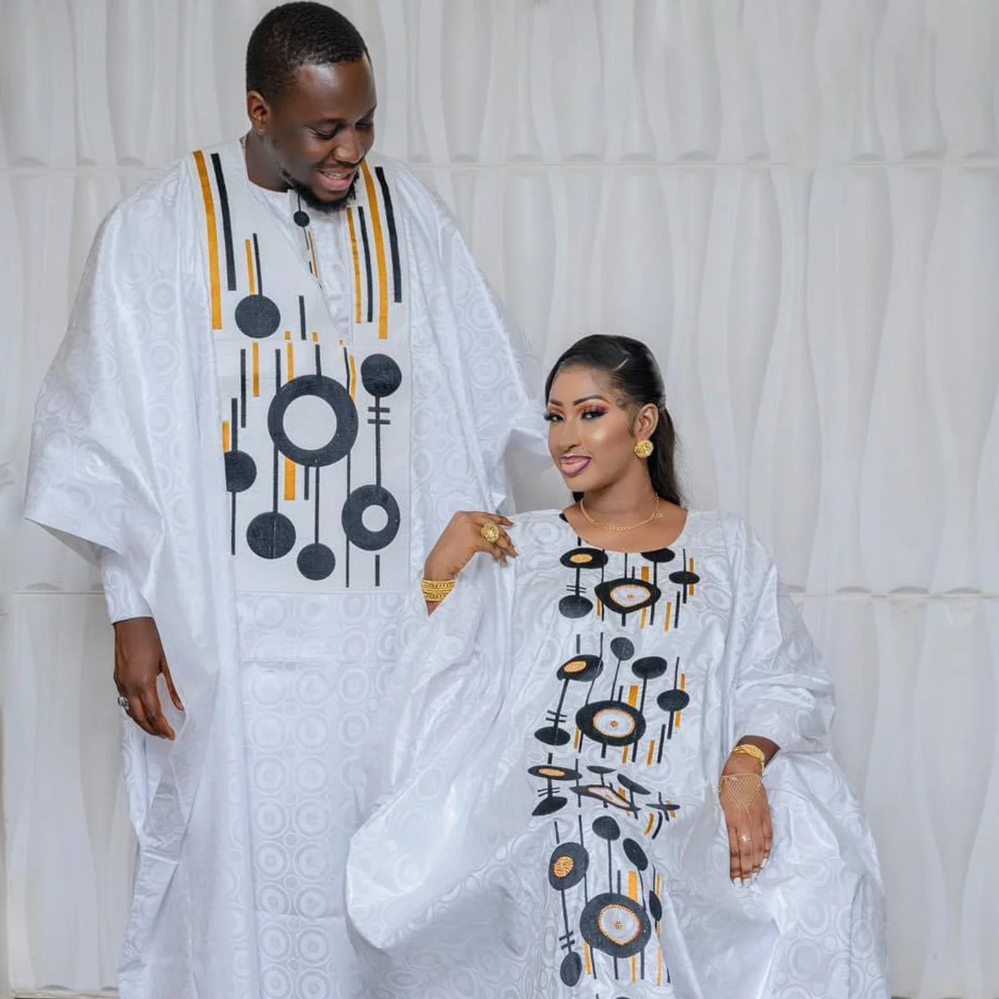 African Dresses For Women Bazin Rich Embroidery Design Floor Length With Scarf Couple Design