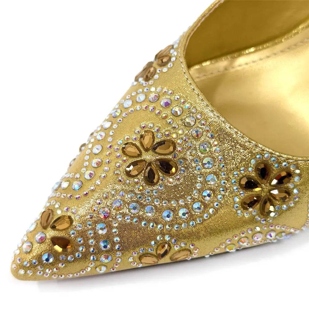 Elegant And Sexy Fuchsia Color High Heels Shoes And Bag With Rhinestone Embellished Toe Is Comfortable Women's Shoes For Party