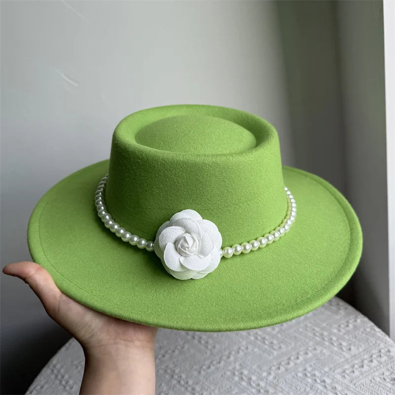 Women's Fashionable Fedora Hat 10CM Wide Brim Flat Top Felt Hats For Wedding And Jazz