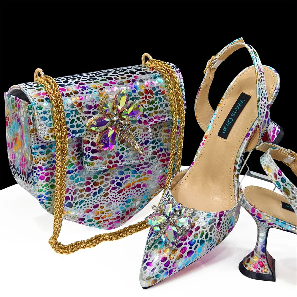 2024 Champagne Color Thin Heels Pointed Toe Crystal Design Ladies Shoes Matching Bag Set For Women Weeding Party Pump