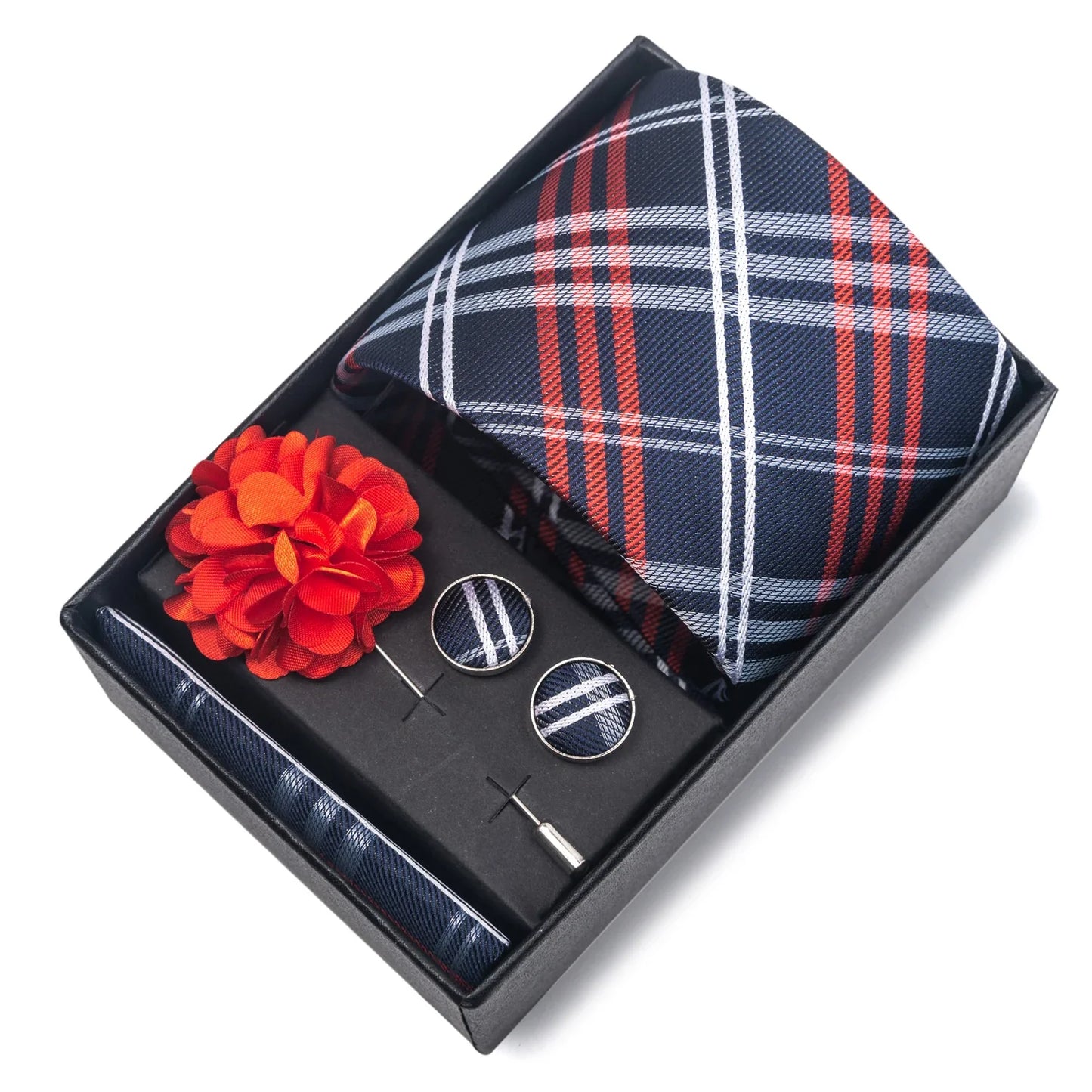 Top Grade Fashion 8 cm Wide Tie Sets Blue Stripe Men's Gravata Handkerchief Cufflink Box Fit Group Workplace Wedding Tie