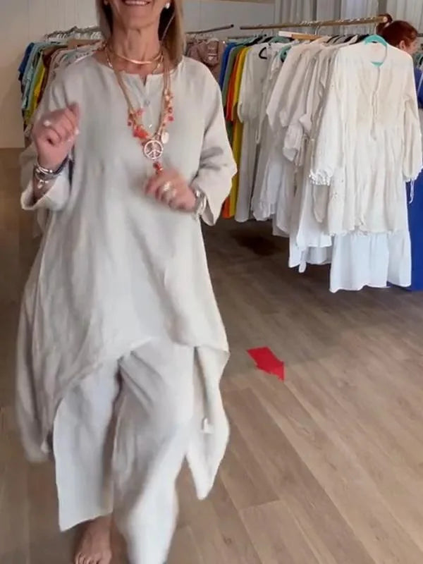 2024 Europe and the United States cross-border summer new, pure color casual long-sleeved cotton and linen suit women