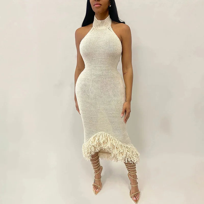 CM.YAYA Knitwear O-Neck Women Sleeveless Tassel Bodycon Long Dress 2025 Spring Sexy Night Club Birthday Party Evening Dresses