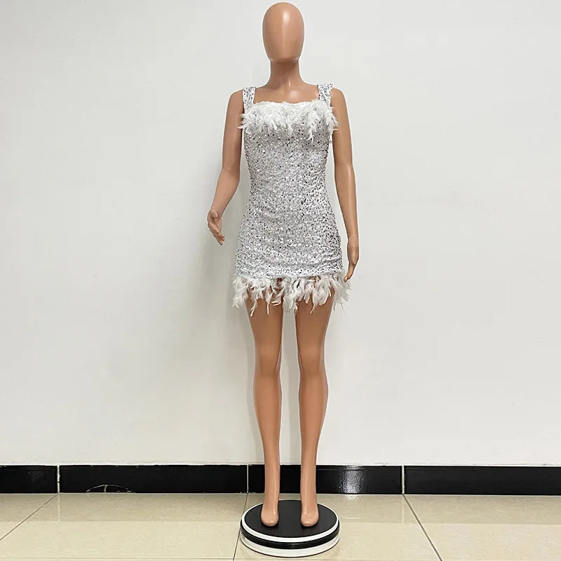 Spring And Summer Women's Clothing MINI Short Solid Color New Wind Sequins Halter Beach Dress One-word Shoulder Feathers Spice G