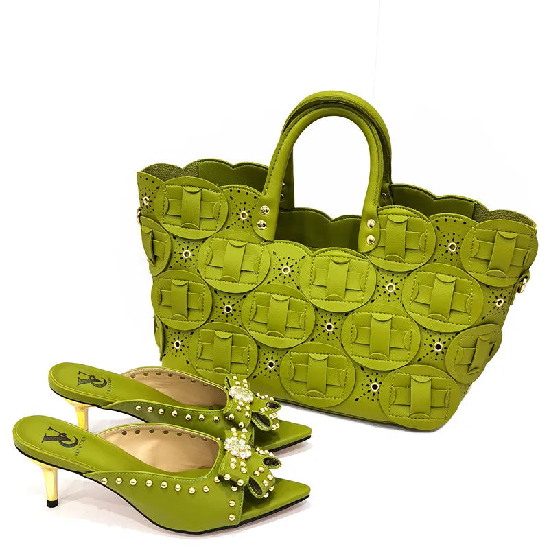 2022 Rivet Style  Women Shoes and Bag to Match in Color matching High Quality Nigerian Design Matching Shoes and Bag