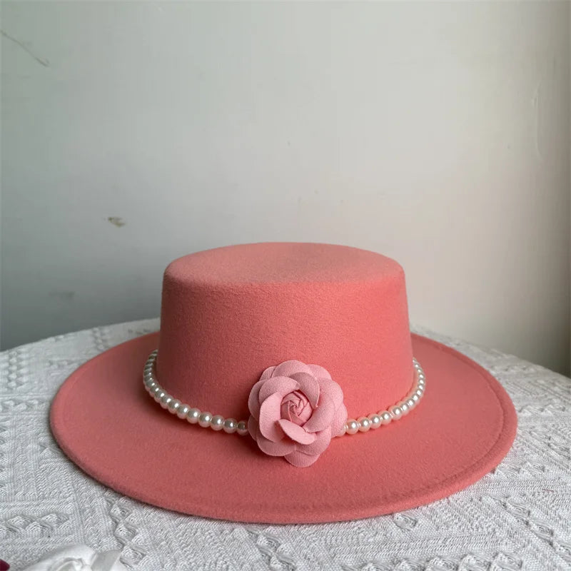 Women's Fashionable Fedora Hat 10CM Wide Brim Flat Top Felt Hats For Wedding And Jazz