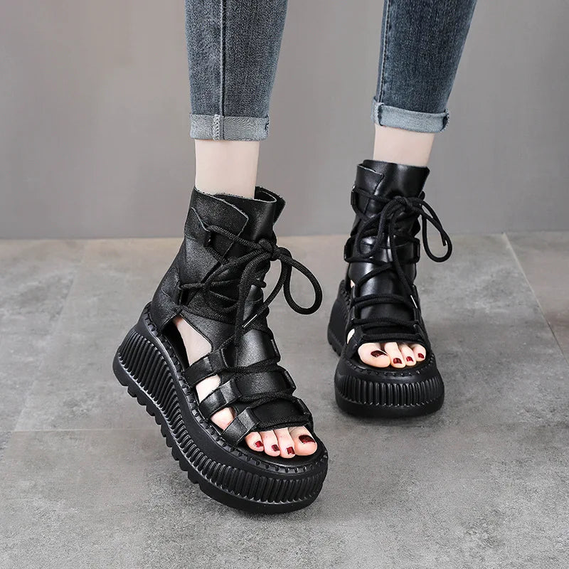 Koznoy 8cm Ethnic Cow Genuine Leather Ankle Booties Women Hollow Peep Toe Platform Wedge Breathable Zip Summer Fashion Shoes