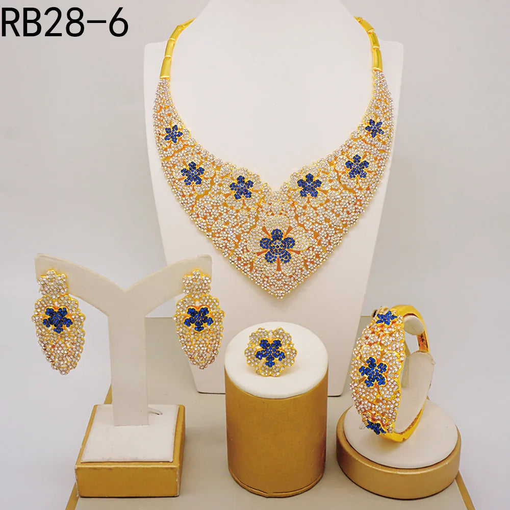 Latest Italian Dubai Gold Color Ladies Full Crystal Necklace Jewelry Set Simple Ring Bracelet Earrings African Jewelry Wedding