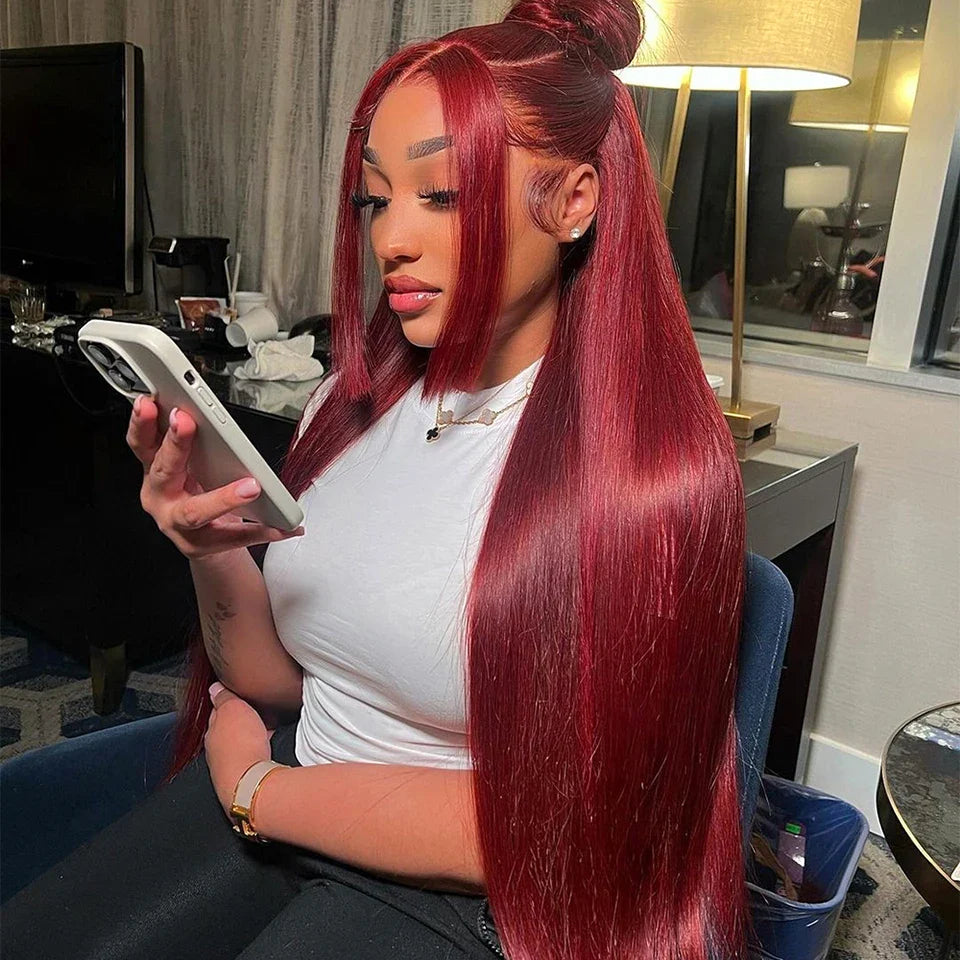 200 Density 13x4 HD Transparent Lace Front Wig for Black Women Straight Remy Human Hair Wigs 99J Burgundy Color Glueless